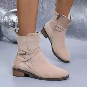 Новые стильные женские ботинки телесного цвета, универсальные, с квадратным каблуком, однотонные, с острым носком, с молнией, украшением, для профессиональных поездок на работу 36