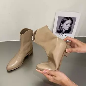 Новые стильные женские ковбойские сапоги в стиле вестерн, модные элегантные туфли с острым носком и боковыми молниями, женские короткие ботильоны на квадратном каблуке 35 бежевый