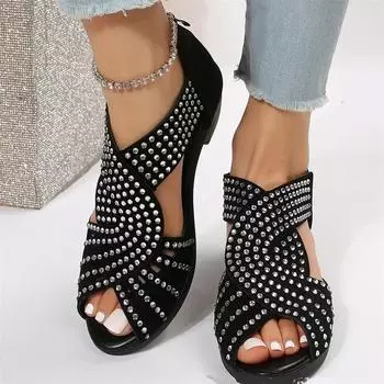 Новые стильные женские летние сандалии из искусственной кожи со стразами и молнией на толстом каблуке, обувь 41 чёрный