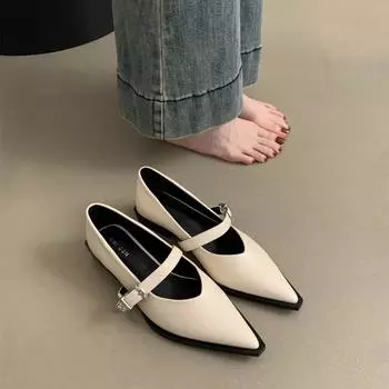 Новые стильные женские модные туфли с острым носком и неглубоким вырезом на высоком каблуке, летние сексуальные элегантные повседневные женские туфли с пряжкой на низком каблуке 35 бежевый