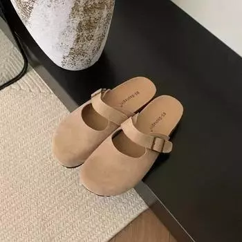 Новые стильные женские низкие сандалии женские кожаные бархатные туфли на низком каблуке замшевые резиновые ажурные флоковые базовые бархатные туфли низкие сандалии 35 коричневый