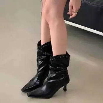 Новые стильные женские сапоги осенние пуанты с заклепками зимняя обувь женские остроносые кожаные ковбойские сапоги на высоком каблуке из резины 35