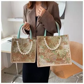 Новые сумки из плетеного холста с жемчужной цепочкой, сумки через плечо, женская сумка для покупок