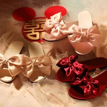 Новые свадебные тапочки для подружки невесты с бантом, свадебные шелковые красные тапочки, свадебный утренний халат невесты в сочетании с женской обувью 41 розовый
