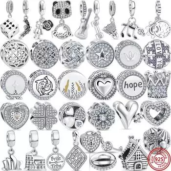 Новые сверкающие бусины из стерлингового серебра 925 пробы, корона клевера, гитара, вечность, паве, подходят для браслета, ювелирных изделий