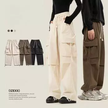 Новые свободные брюки-карго-десантники с широкими штанинами, весенние модные брендовые брюки с несколькими карманами для мужчин S чёрный