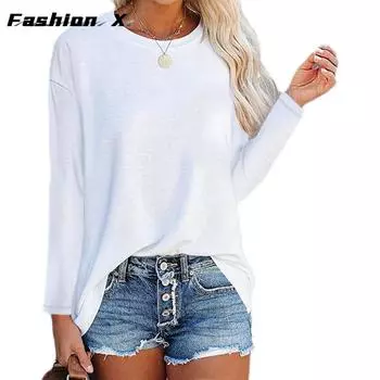 Новые свободные однотонные женские футболки с длинными рукавами и круглым вырезом, женские топы S чёрный