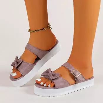 Новые тапочки 2025 года, женские летние модные босоножки на плоской платформе с бантом, женские однотонные с круглым носком, повседневные пляжные туфли с открытым носком 35 розовый