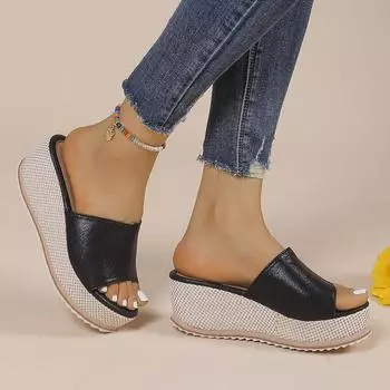 Новые тапочки большого размера с толстым каблуком и наклонной подошвой, женские модные тапочки с плетеной подошвой, приграничные европейские и американские римские тапочки с одним словом 36 розовый