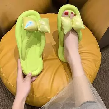 Новые тапочки для женщин, модные универсальные шлепанцы с бантом на толстой подошве, нескользящие, повседневные туфли для женщин 36-37 зелёный