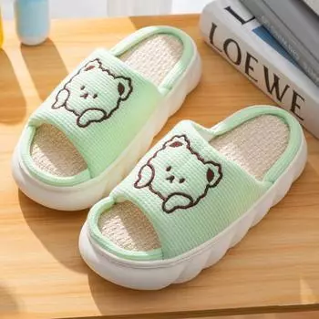 Новые тапочки Four Seasons из льна для мужчин, для дома и отдыха, для пар, милый медведь, толстая подошва, нескользящие, классные тапочки, пятно 36-37 [normal size] жёлтый