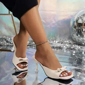 Новые тапочки-мюли на низком каблуке, летние лучшие уличные женские туфли с квадратным носком, с открытым носком и бантом, сандалии для женщин 35