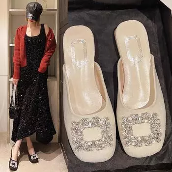 Новые тапочки, плоские мюли для женщин, шлепанцы из желе, женские мокасины, модные сандалии с низким носком, блестящие, для девочек, мягкие, роскошные 35 бежевый