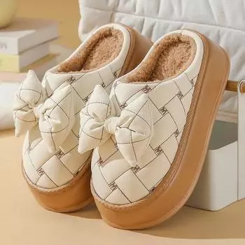 Новые тапочки с крестообразным узором, зимние женские водонепроницаемые домашние туфли, женские тапочки из искусственной кожи, женские мюли на меху с бантом на платформе 36-37 чёрный