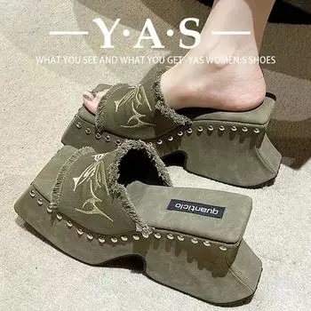 Новые тапочки в стиле ретро Hot Girl с открытым носком на платформе, женские универсальные тапочки на высоком каблуке с вышивкой 35 серый