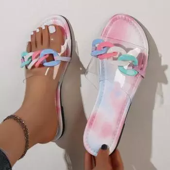 Новые тапочки женские сандалии модный дизайнер металлическая цепочка ПВХ сандалии на плоской подошве с круглым носком женские тапочки обувь 36