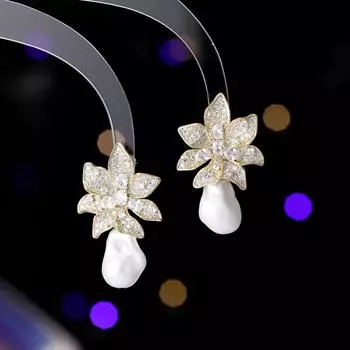 Новые темпераментные модные серьги с высоким чувством стиля, серьги-гвоздики с цветком из циркония, стеклянные серьги в стиле барокко из серебра 925 пробы с игольчатым жемчугом золотой