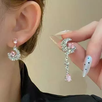 Новые темпераментные роскошные асимметричные серьги с кисточками и лунным розовым цирконием для женщин
