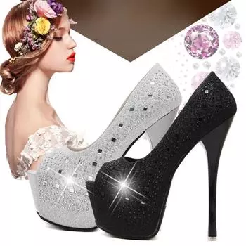 Новые тенденции европейской и американской моды. Увеличивающие стразы. Тонкие каблуки «рыбий рот». Женская обувь. Сексуальные высокие каблуки для ночного клуба. 34 чёрный