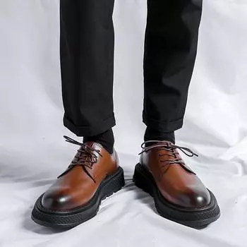 Новые тенденции Мужская обувь для отдыха и бизнеса Мужская мода Британская кожаная обувь на шнуровке Ретро мода Вечеринка Свадьба Толстая подошва Мужская обувь 38 чёрный