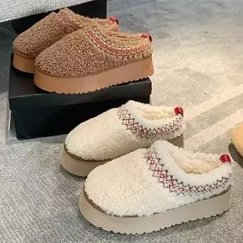 Новые теплые ботильоны на меху, женские тапочки на платформе, плюшевые вьетнамки, зимняя хлопковая обувь для женщин, фирменный дизайн, зимние боты 40 чёрный