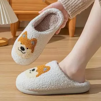 Новые теплые хлопковые тапочки милые мультяшные корги зимние домашние пары удобные нескользящие плюшевые тапочки