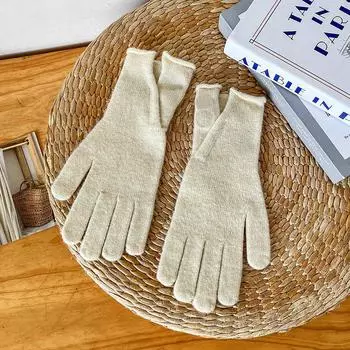 Новые теплые перчатки из шерсти, осенне-зимние, пятиручная вязка, однотонные, устойчивые к холоду, перчатки для сенсорного экрана из кашемира для велоспорта для женщин, зима average size