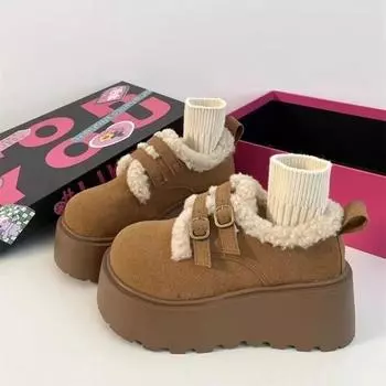 Новые теплые повседневные женские туфли, меховые сабо на платформе с круглым носком, туфли без застежек на высоком каблуке, зимние однотонные женские мокасины с двойной пряжкой 35