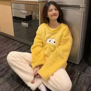 Новые теплые женские пижамные комплекты из фланели на осень-зиму с длинными рукавами, женская пижама с забавным графическим принтом, комплект из двух предметов, пижама из кораллового бархата, домашняя одежда M жёлтый