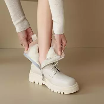 Новые теплые зимние сапоги из натуральной шерсти и меха, женские зимние ботильоны на высоком каблуке, теплые нескользящие короткие сапоги из натуральной кожи, туфли на платформе 34 чёрный