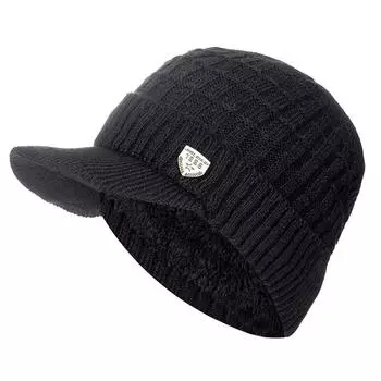 Новые теплые зимние шапки с меховой подкладкой, стильная шапка-бини для мужчин и женщин, вязаная шапка с полями, сохраняющая тепло 55cm-60cm чёрный