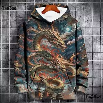 Новые толстовки с капюшоном для мужчин с принтом 3D-животного дракона, высококачественные мужские пуловеры, повседневные, с длинным рукавом, свободные, большие толстовки S