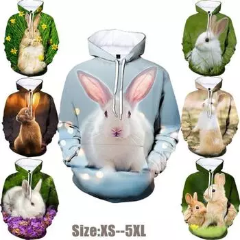 Новые толстовки с капюшоном с 3D-принтом «Кролик», мужские и женские, милые модные толстовки с капюшоном в виде животных, пуловеры S