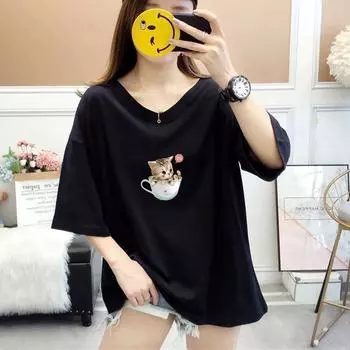 Новые толстые короткие рукава, чтобы показать тонкий свободный живот скрытое мясо Универсальная футболка с V-образным вырезом