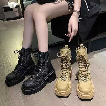 Новые тонкие ботинки martin, женские сетчатые сапоги на высоком каблуке, короткие сетчатые сапоги на толстой подошве, крутые ботинки 35