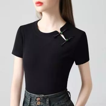 Новые топы на пуговицах в китайском стиле для женщин, легкая футболка с короткими рукавами в китайском стиле в стиле ретро вишневого цвета для женщин S чёрный