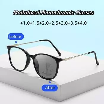 Новые трендовые готовые мультифокальные очки для чтения с круглой оправой, блокирующие синий свет, фотохромные очки унисекс, меняющие цвет очки 1.0 чёрный