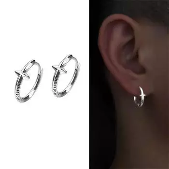 Новые трендовые серебряные серьги-кольца с пряжкой для ушей для мужчин и женщин, мужские серьги с геометрическим звездным крестом, готические 03-silver