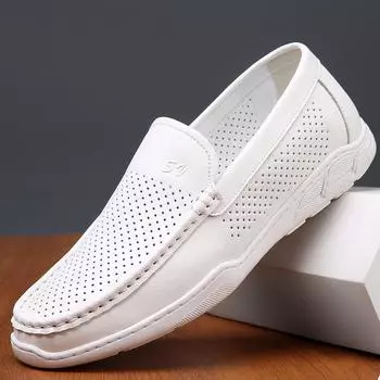 Новые туфли для мужчин из натуральной кожи, повседневные туфли для вождения, модные мокасины без застежек, летние дышащие сандалии из микропористой кожи 38