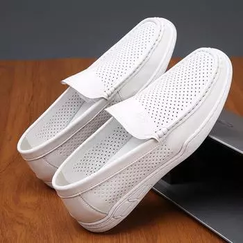 Новые туфли для мужчин из натуральной кожи, повседневные туфли для вождения, модные мокасины без застежек, летние дышащие сандалии из микропористой кожи 38