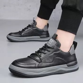 Новые туфли для мужчин Повседневная обувь из натуральной кожи Трендовый спортивный стиль Дышащие туфли из коровьей кожи Молодежные кроссовки на шнуровке 38 чёрный