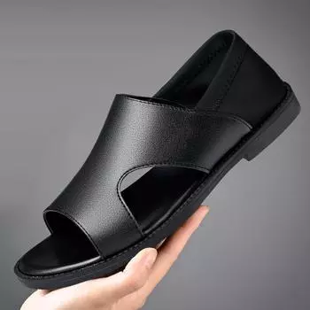 Новые туфли для мужчин, сандалии, летняя мода, натуральная кожа, тапочки, повседневные мокасины, молодежная обувь для отдыха на открытом воздухе, пляжная обувь 38 чёрный