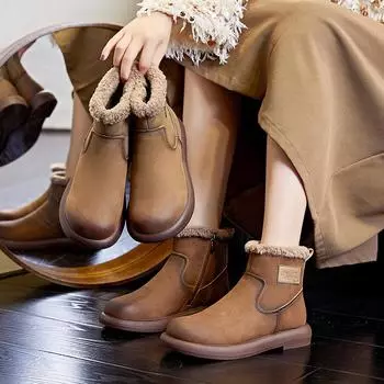 Новые туфли для женщин. Ботинки из натуральной кожи. Классические ретро-ботинки. Женские высокие кожаные повседневные туфли. Теплые плюшевые зимние ботинки. 35 коричневый
