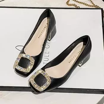 Новые туфли для женщин, кожаные туфли-лодочки, новые повседневные туфли на высоком каблуке со стразами, лаконичные туфли для девочек 35 чёрный