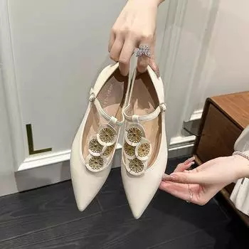 Новые туфли для женщин, модные кожаные мокасины во французском стиле, туфли Мэри Джейн на плоской подошве с острым носком для девочек 35 бежевый