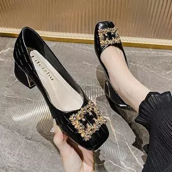 Новые туфли для женщин, модные туфли-лодочки, весенние туфли OL Party, кожаные повседневные туфли на высоком каблуке, женские туфли-лодочки со стразами, размеры 35-43 35 чёрный