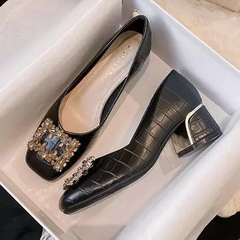 Новые туфли для женщин, модные туфли-лодочки, весенние туфли OL Party, кожаные повседневные туфли на высоком каблуке, женские туфли-лодочки со стразами, размеры 35-43 35 чёрный