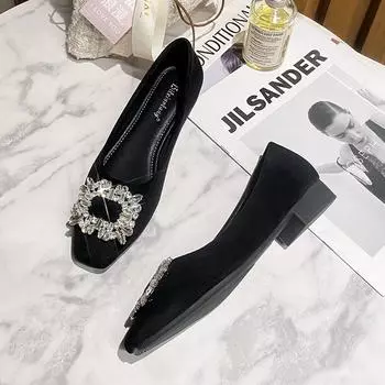 Новые туфли для женщин Модные туфли на низком каблуке Туфли на высоком каблуке с блестящими кристаллами Красивые замшевые туфли 35 чёрный