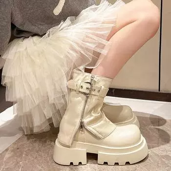 Новые туфли для женщин с пряжкой на ремне, женские сапоги, модные, с боковой молнией, современные, женские, высокого качества, с круглым носком, до середины икры, Zapatos 35