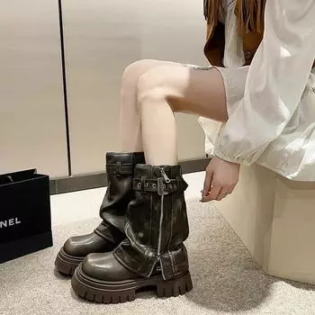 Новые туфли для женщин с пряжкой на ремне, женские сапоги, модные, с боковой молнией, современные, женские, высокого качества, с круглым носком, до середины икры, Zapatos 40